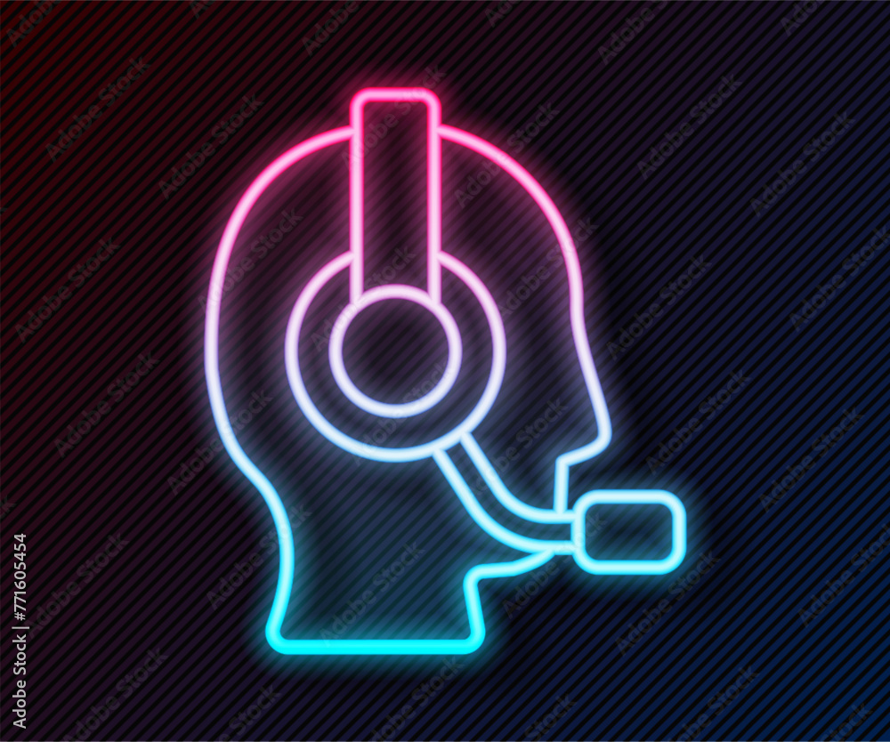 Poster glowing neon line man with a headset icon isolated on black background. support operator in touch. c