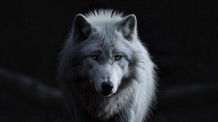 Scary white wolf (Canis lupus), direct eye contact in the dark looking at the camera on a black background - obrazy, fototapety, plakaty