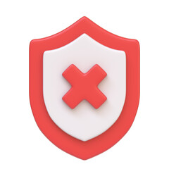 Red and white shield with a prominent cross, symbolizing error or protection isolated on a white background. 3D icon, sign and symbol. Front view. 3D Render Illustration