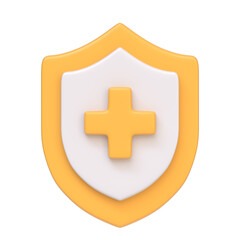 Yellow and white medical shield with a prominent blue cross, symbolizing healthcare protection, isolated on white background. 3D icon, sign and symbol. Front view. 3D Render Illustration