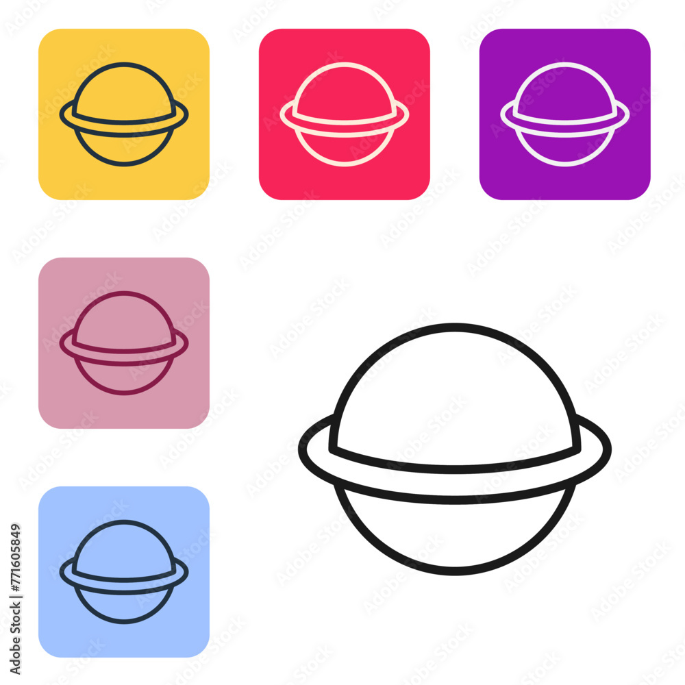Poster black line planet saturn with planetary ring system icon isolated on white background. set icons in 