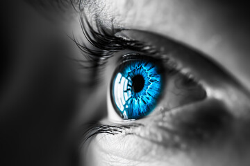  a close-up of a human eye with a bright blue iris. The rest of the image is in black and white, creating a striking contrast with the blue iris - obrazy, fototapety, plakaty