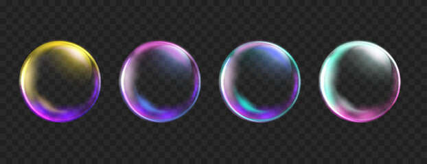 Colorful Bubbles isolated on black background. Realistic transparent neon soap bubble with glares. Shiny bright soapy circles