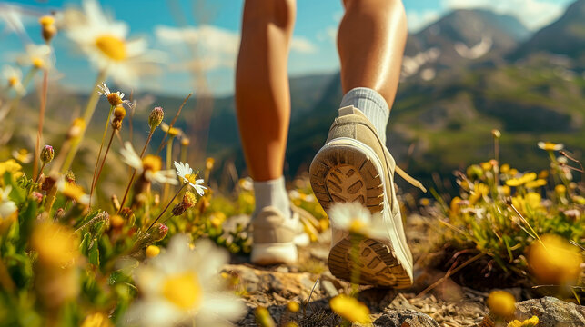 Close-up of slender legs of tourist girl in sneakers, traveler strolling through clearing with colorful wildflowers. There is mountain landscape in background. Sunny weather. Concept of hiking.