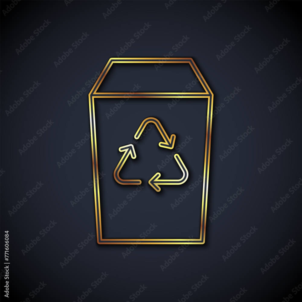 Poster gold line recycle bin with recycle symbol icon isolated on black background. trash can icon. garbage