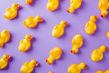 Vibrant display of yellow rubber ducks against a striking purple background, creating a playful and cheerful atmosphere