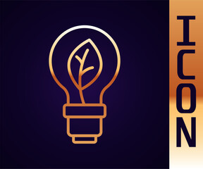 Gold line Light bulb with leaf icon isolated on black background. Eco energy concept. Alternative energy concept. Vector