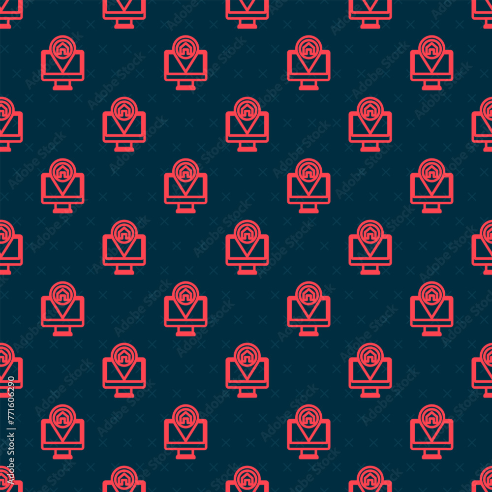 Poster red line computer monitor and folded map with location marker icon isolated seamless pattern on blac