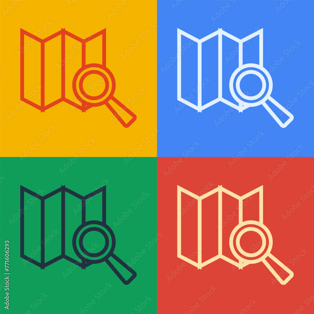 Poster pop art line search location icon isolated on color background. magnifying glass with pointer sign. 