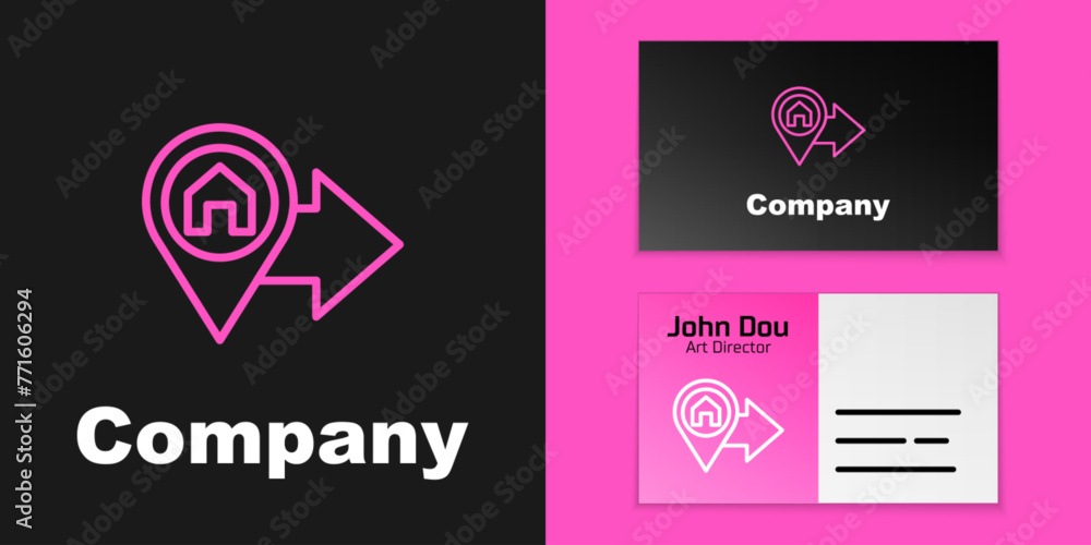 Poster pink line map pointer with house icon isolated on black background. home location marker symbol. log