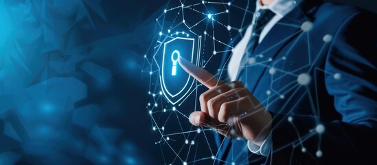 Cyber secrity, Businessman hand pointing hand on the network data protection technology on digital padlock
