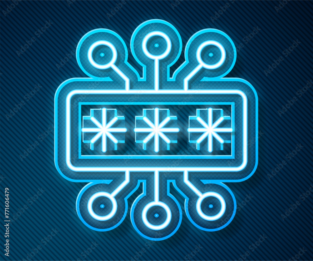 Poster glowing neon line cyber security icon isolated on blue background. closed padlock on digital circuit