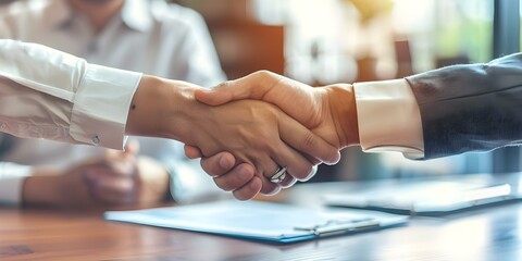 Customer signing home insurance agreement with agent focusing on paperwork and handshake symbolizing trust and protection. Concept Insurance Agreement Signing, Trust and Protection, Paperwork - obrazy, fototapety, plakaty