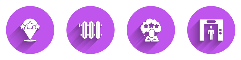 Set Five stars rating review, Heating radiator, and Lift icon with long shadow. Vector