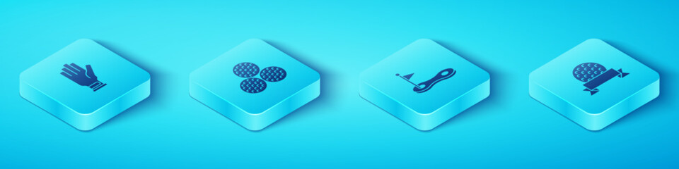 Set Isometric Golf glove, ball, and hole with flag icon. Vector