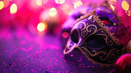 Festive venetian mask on a gradient purple background, copy space background