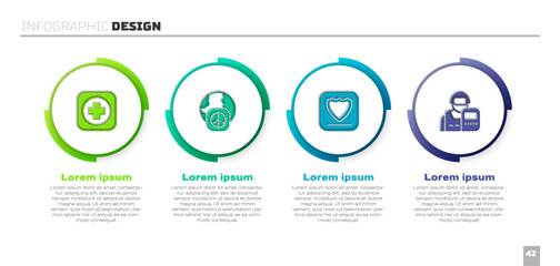 Set Hospital signboard, International day of peace, Shield and Police officer. Business infographic template. Vector