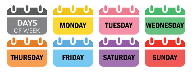days of week in the weekly calendar, date and time calendar for planning