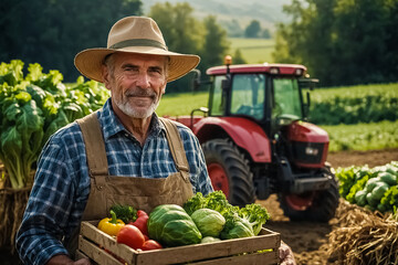 Mature Farmer Proudly Carrying a Crate Overflowing with Freshly Harvested Vegetables. Hard working Farmer Showcasing the Fruits of Labor. Concept of a Local Produce, and Healthy Eating