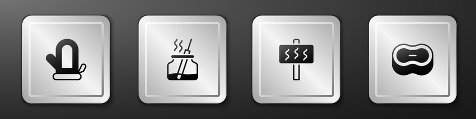 Set Sauna mitten, Aroma diffuser, and Bar of soap icon. Silver square button. Vector