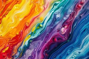 Fotobehang  Abstract marbled vibrant rainbow acrylic paint wave texture, colorful artistic background illustration © Lucija