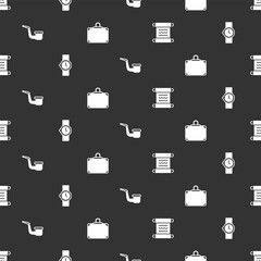 Set Papyrus scroll, Wrist watch, Smoking pipe and Suitcase on seamless pattern. Vector