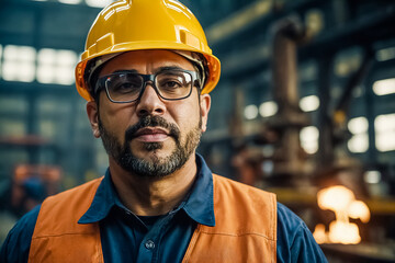 Portrait of a Dedicated Engineer in Full Uniform, Protective Glasses, and Hard Hat, Overseeing Operations in a Steel Factory. Concept of Manufacturing, Engineering, and Workplace Safety