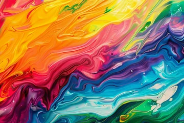 Fotobehang  Abstract marbled vibrant rainbow acrylic paint wave texture, colorful artistic background illustration © Lucija