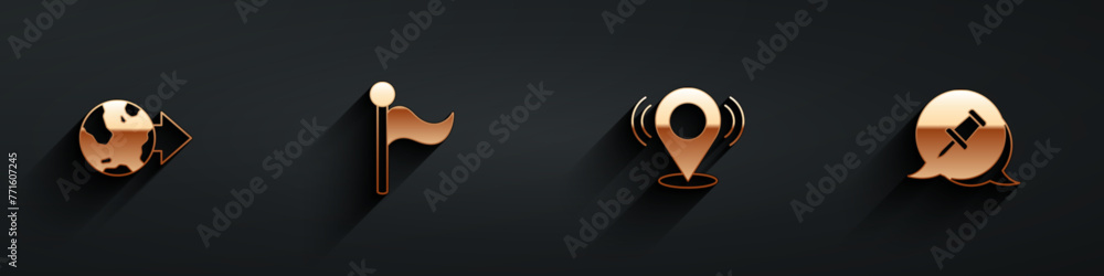 Poster set location on the globe, flag, map pin and push icon with long shadow. vector