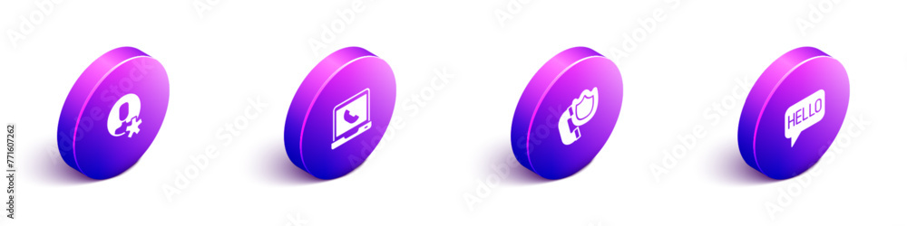 Aufkleber set isometric elected employee, telephone 24 hours support, handset with shield and hello in differe