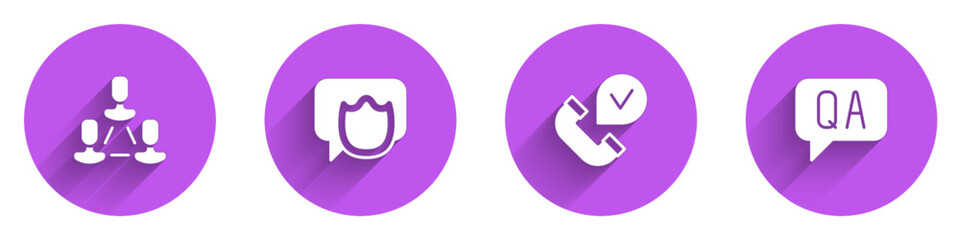 Set Employee hierarchy, Speech bubble chat, Telephone handset and Question Answer icon with long shadow. Vector