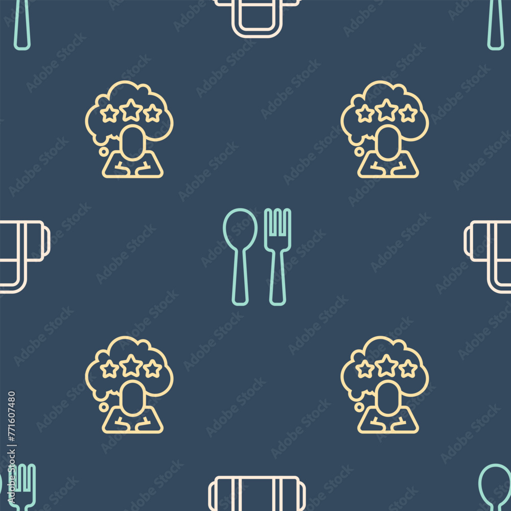 Poster set line suitcase, five stars rating review and fork and spoon on seamless pattern. vector