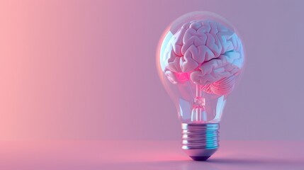 Brain-inspired light bulb, minimalist 3D design, set in pastel indigo for creative minds