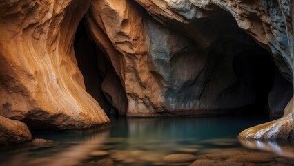 Mystic Depths Abstract Cave Interior with Water and Rocks