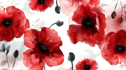 Watercolor poppy clipart with vibrant red petals and black centers - obrazy, fototapety, plakaty