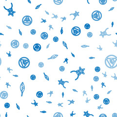 Set line Magic feather, Pentagram on necklace and Masons on seamless pattern. Vector