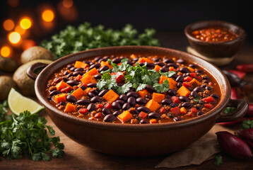 Black Bean and Sweet Potato Chili. A hearty chili made with black beans, sweet potatoes, and a blend of spices, garnished with fresh cilantro. Christmas food. Festive dish