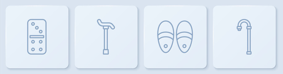 Set line Domino, Slippers, Walking stick cane and . White square button. Vector