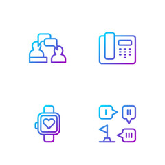 Set line Planning strategy, Smart watch, Two sitting men talking and Telephone 24 hours support. Gradient color icons. Vector