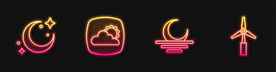 Set line Sunset, Moon and stars, Weather forecast and Wind turbine. Glowing neon icon. Vector