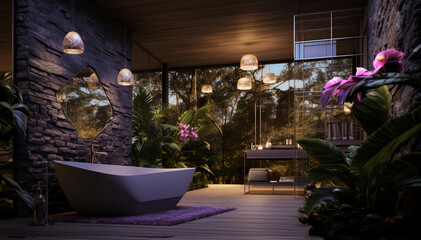 Przytulna nowoczesna łazienka z sufitem z oświetleniem 