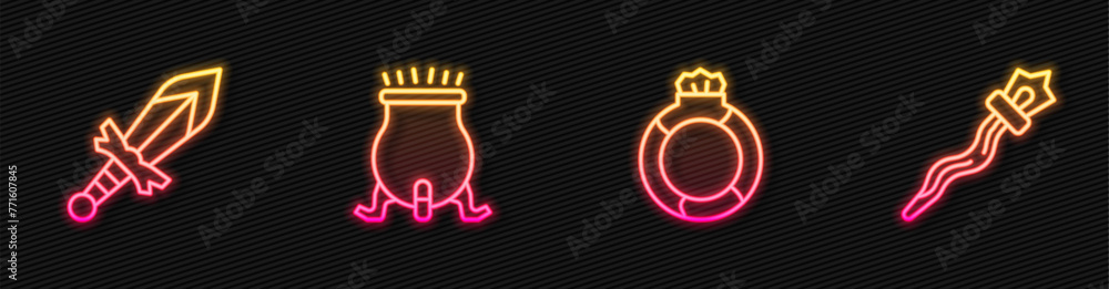 Wall mural Set line Magic stone ring with gem, Medieval sword, Witch cauldron and staff. Glowing neon icon. Vector