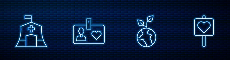Set line Volunteer team planting trees, Emergency medical tent, id card or badge and Location with heart. Glowing neon icon on brick wall. Vector
