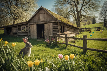 cute bunny in the rustic countryside on a sunny day with a charming barn visible in the background, peaceful countryside ambiance with colorful eggs and cute bunny