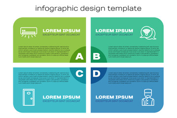 Set line Hotel door, Air conditioner, Concierge and Wi-Fi wireless internet. Business infographic template. Vector