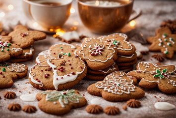 Sweet and spicy soft ginger cookies on wooden table. Classic gingerbread, all rendered in a whimsical and charming style, bright lights bokeh on background. Generative AI