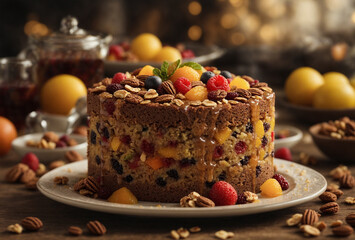 Fruitcake. A rich and dense cake filled with candied fruits, nuts and soaked in rum. Christmas food. Festive dish