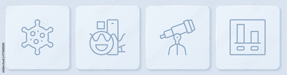 Poster set line virus, telescope, basic geometric shapes and graph chart infographic. white square button. 