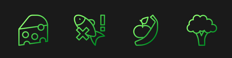 Set line Apple and banana, Cheese, No fish and Broccoli. Gradient color icons. Vector