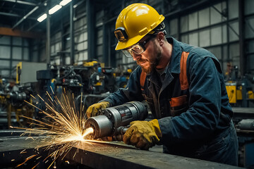 Skilled Worker in a yellow Safety Helmet Expertly Using an Angle Grinder to Cut Through a Metal Tube. Industrial Craftsmanship, Metal Fabrication, and Precision Engineering Concept